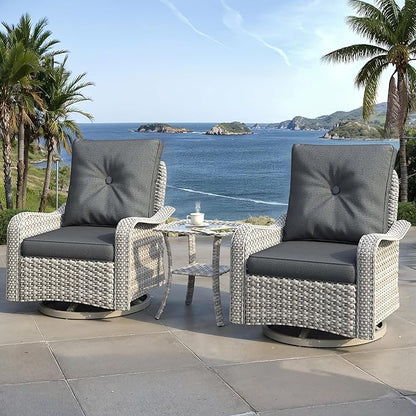 3 Piece Outdoor Wicker Patio Furniture Set,High Back Swivel Rocker Patio Chairs with 4" Thickened Cushions & Side Table, All-Weather PE Rattan for Garden, Backyard, Porch, Black