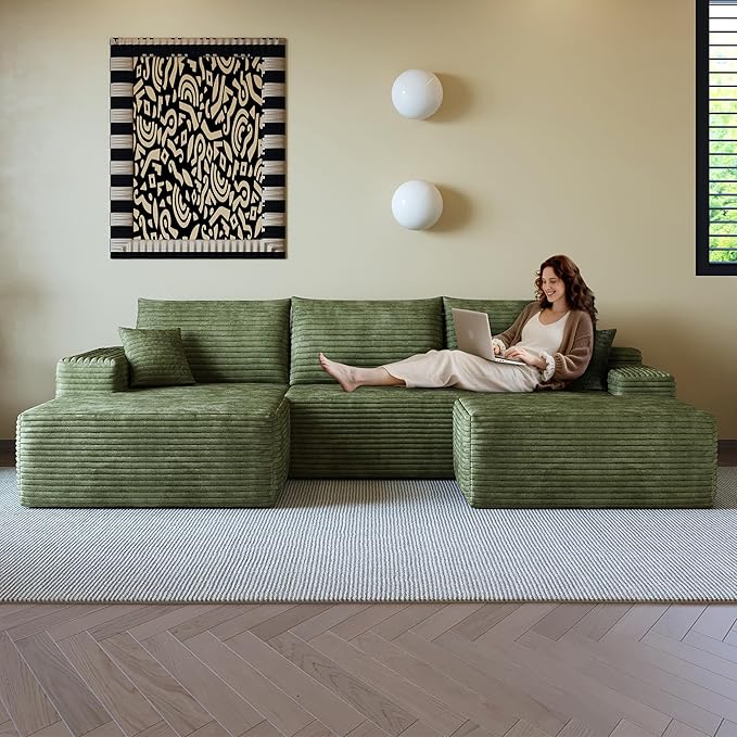 108" Sectional Couches for Living Room Modern Modular Sofa with L-Shape Couchs Upholstered Boneless Couch Deep Seat Sectional Couch with Chaise (Green, Left Facing Chaise+2Seaters+1Ottoman)