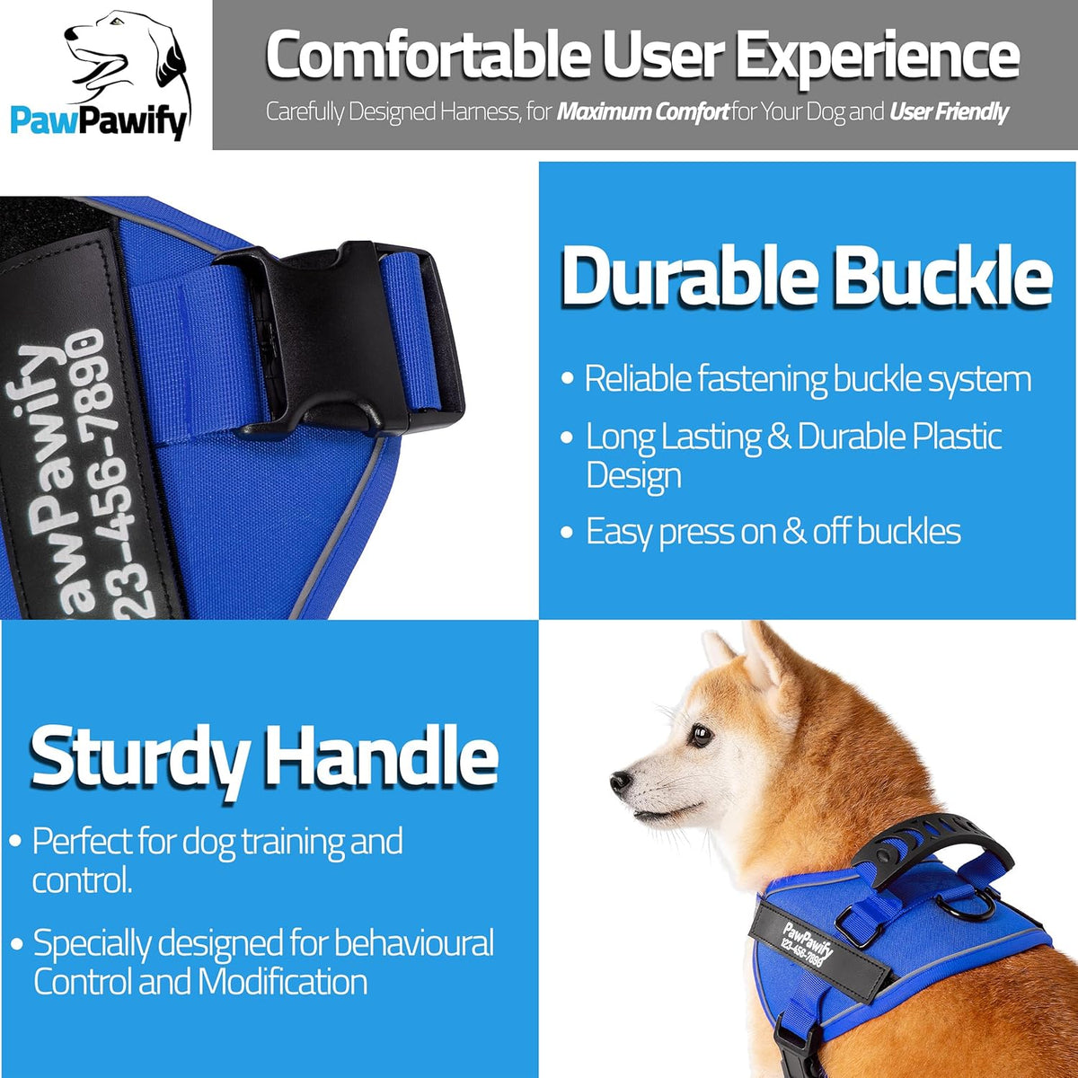 PawPawify Custom No Pull Dog Harness with Name and Phone Number, Heavy Duty Personalized Pet Vest to Prevent Tugging, Pulling, or Choking, Training and Walking (New Blue, XL (60-85 LBS))