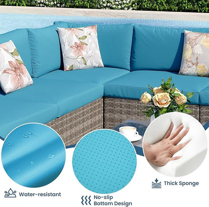 8 Pieces Outdoor Patio Furniture Set with 43" Fire Pit Table, Wicker Outdoor Patio Sectional Sofas with Coffee Table and Cushions, All-Weather Patio Conversation Set for Backyard Garden, Light Blue