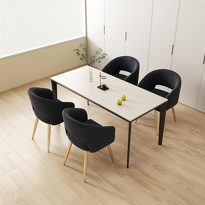 KCC Modern Accent Dining Chairs Set of 2, Velvet Upholstered Dining Room Chairs with Tufted Hollow Back, Gold Metal Legs for Living Room, Restaurant, Kitchen, Black