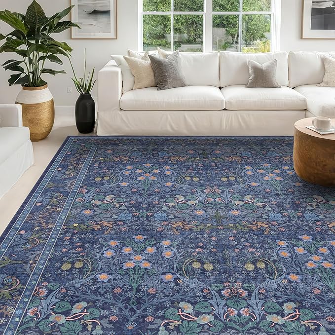 Dining Room Rugs for Under Table - 6x8 Washable Dark Blue Oriental Area Rug for Living Room, Low Pile Non-Slip Floor Carpet for Bedroom - Vintage Design & Stain Resistance (6x8 Navy Blue)