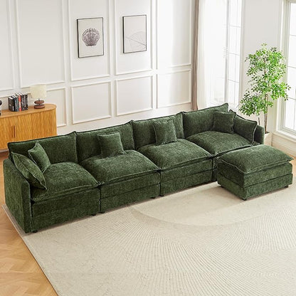 saows Modular Sectional Sofa, 147.2 Inch L Shaped Couch Set with Armrests, 4-Seater Comfy Cloud Couches with Movable Ottoman for Living Room Apartment, Green