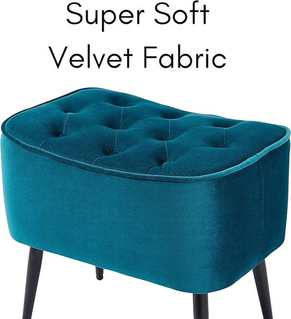 BIRDROCK HOME Tufted Curve Ottoman Velvet Foot Stool - Upholstered Padded Footrest for Living Room or Bedroom - Small Cushioned Accent Chair for Couch, Sofa, Lofted Seating - Modern Furniture - Teal