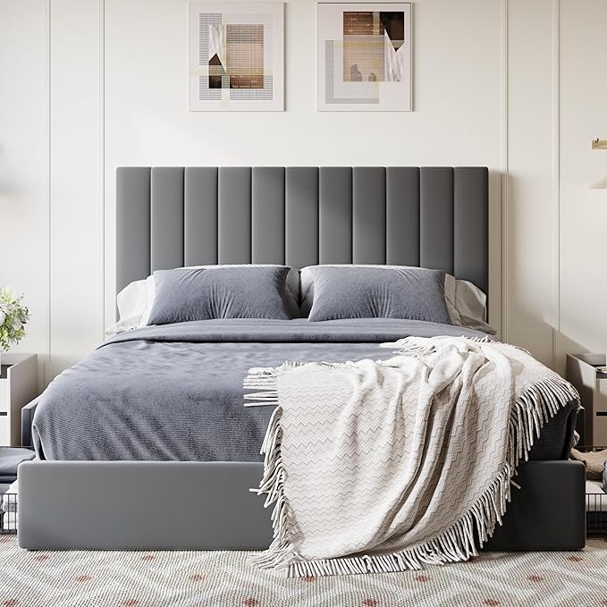 SHA CERLIN Full Size Platform Bed Frame with 4 Storage Drawers, Vertical Channel Tufted Adjustable Headboard, Velvet Upholstered, Wooden Slats Support, No Box Spring Needed, Easy Assembly, Grey