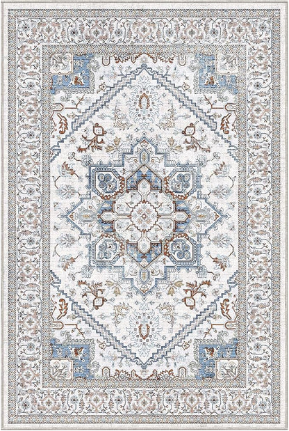 OPPODREAM Thin Throw Rugs 2x3, Small Neutral Washable Entryway Rugs 2 x 3 with Non Slip Backing, Low-Pile Faux Cashmere 2 x 3 Carpet, Cream White & Blue & Light Brown