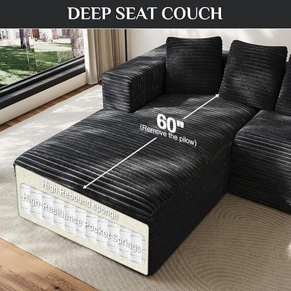 Modular Sectional Sofa, 107" L Shaped Cloud Couch Plush Corduroy Deep Seat Boneless Sofas with 5 Pillows Long Chaise Lounge Couches Memory Foam for Living Room - Dark Grey, Left Facing Chaise