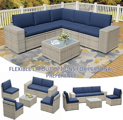 Broivira 6 Piece Patio Furniture Set, 9.8" Wide Arm Sectional Sofa with Storage Armrests, All-Weather Rattan Outdoor Conversation Set for Garden, Porch, Lawn, Backyard, Balcony, Blue