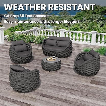 Erotr Fully Assembled Patio Furniture Set: 5 Pieces Woven Rope Outdoor Conversation Set Cushioned - Modern Metal Deck Loveseat Chair Table Set - Porch Seating For Yard Garden Poolside Hotel, Dark Grey