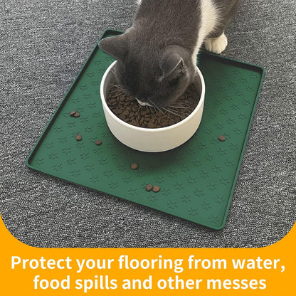 Ptlom Pet Placemat for Dog and Cat, Waterproof Silicone Pet Feeding Bowl Mats for Food and Water, Small Medium Large Dogs Mat Prevent Residues from Spilling to Floor, Hunter, 11.8"x11.8"