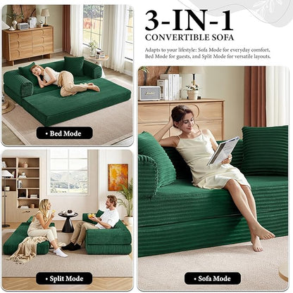 Boneless Couch Sofa Bed Sectional Couches for Living Room,Futon Cloud Couch with Sleeper Sofa,Sofas for Living Room Oversized Corduroy Upholstered (Green)