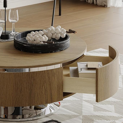 31.5 Inch Round Walnut Coffee Table with Hidden Storage Drawers and Silver Polished Stainless Steel Base, Modern Coffee Table Set with Rolling Side Table for Living Room