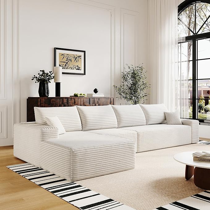 136" Sectional Couches for Living Room Modern Modular Sofa with L-Shape Couchs Upholstered Boneless Couch Deep Seat Sectional Couch with Chaise (White, Left Facing Chaise+3Seaters)