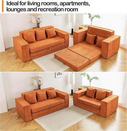 HOMREST 63" Convertible Memory Foam 3-seat Sofa, Pull Out Sleeper Sofa Bed, 2 in 1 Folding Couch Bed, Fold Out Floor Couch Corduroy Fabric with 2 Pillows for Living Room Bedroom Lounge (Brown)
