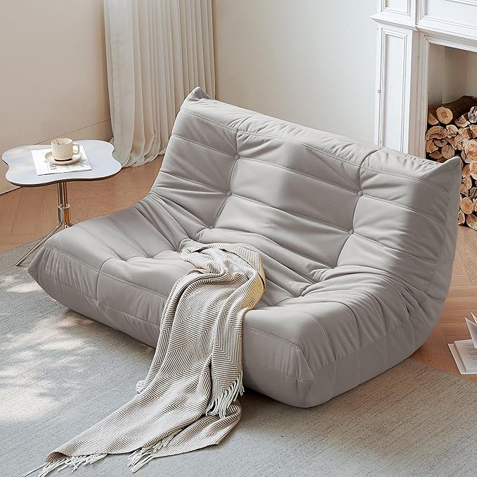 Bean Bag Chair, Loveseat Fireside Chair Bean Bag Sofa for Adults, 2 Seater Bean Bag Chairs for Teens with High-Resilience Foam, Memory Foam Bean Bag for Living Room, Bedroom, Office (Suede,Light Gray)