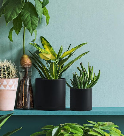 D'vine Dev 2 Pack 4.5 Inch Modern Plastic Plant Pots, Small Garden Planters for Plant with Drainage Holes and Saucers, Black Color, 74-Y-F-1
