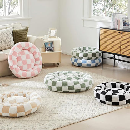 Ohocut Checkered Dog Bed, Cute Beige Khaki Retro Style Aesthetic Round Warming Pet Calming Beds for Small Dog and Cats, Plush Cozy Donut Dog Beds Washable, 30" L x 30" W x 8" Th