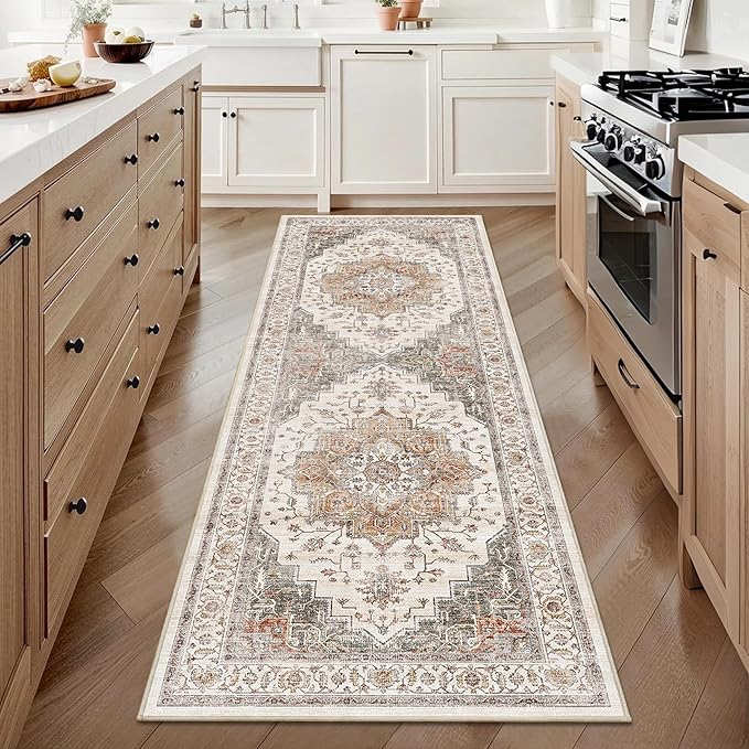 2x6 Vintage Runner Rug Low Pile Runners Non-Slip Machine Washable Rug Retro Distressed Print Lightweight Carpet for Hallway Kitchen Living Room Bedroom Laundry Room