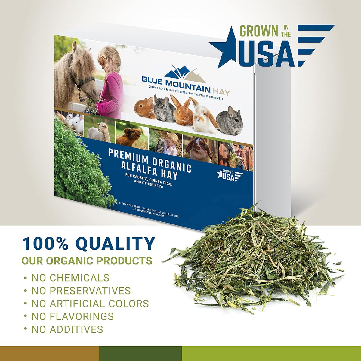 Blue Mountain Hay High-Altitude Hay - Organic Alfalfa, 5lb - High Protein, Fiber & Mineral-Rich - Soft, Leafy, High Leaf Retention - Ideal for Goats, Rabbits, Guinea Pigs & Other Small Animals
