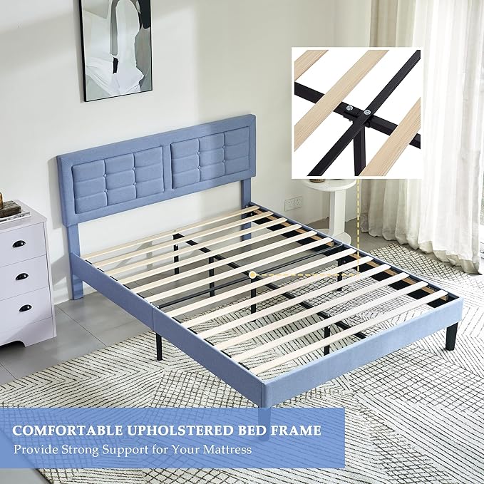 VECELO Queen Size Bed Frame with Adjustable Headboard, Upholstered Button Tufted Platform Bedframe with Wood Slats Support, No Box Spring Needed, Light Blue