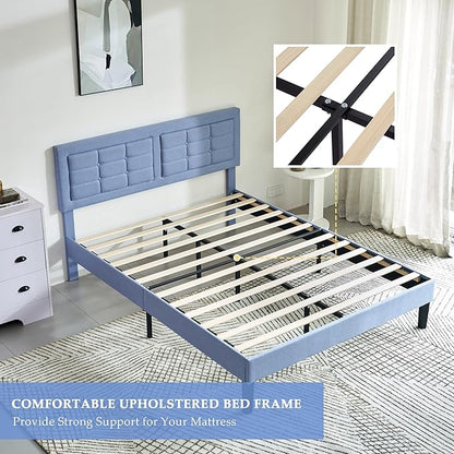 VECELO Queen Size Bed Frame with Adjustable Headboard, Upholstered Button Tufted Platform Bedframe with Wood Slats Support, No Box Spring Needed, Light Blue