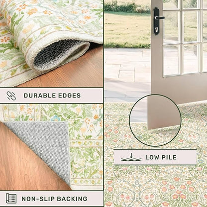 Light Beige Green Botanical Living Room Rug, 7x10 Washable Area Rug for Kids Room, Bedroom, Nursery Room, Living Room, Dining Room, Low Pile Non-Slip - Vintage Design & Fade Resistance
