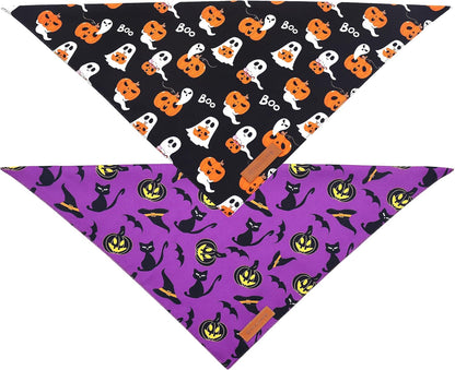 Realeaf Halloween Dog Bandanas 2 Pack, Reversible Orange Pumpkin Pet Scarf for Boy and Girl, Premium Durable Fabric, Holiday Bandana for Small Medium Large and Extra Large Dogs (Large)