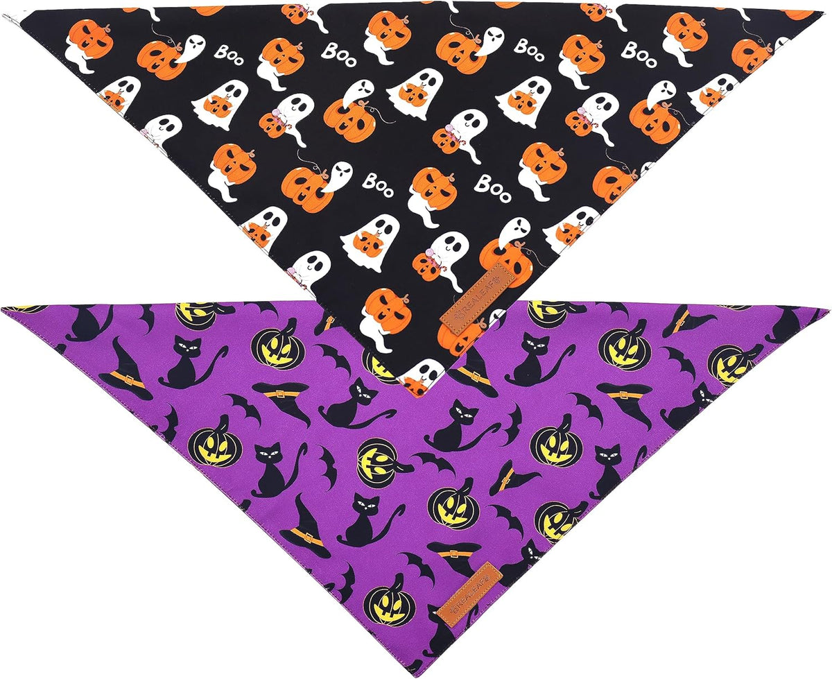 Realeaf Halloween Dog Bandanas 2 Pack, Reversible Orange Pumpkin Pet Scarf for Boy and Girl, Premium Durable Fabric, Holiday Bandana for Small Medium Large and Extra Large Dogs (Small)
