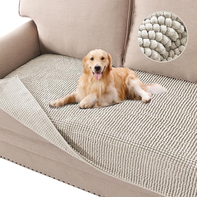 H.VERSAILTEX Plush Chenille Dog Bed Cover Thick Soft Sofa Cover for 3 Cushion Couch Anti Slip Couch Cover Furniture Protector for Dog, Pet, Cat (35" x 82", Oatmeal)