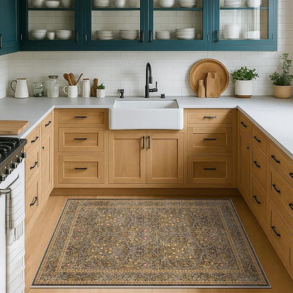 Vintage Gold Brown Entryway Rug, 3x4 Washable Area Rugs for Kitchen, Bathroom, Bedroom, Oriental Low Pile Stain Resistant Non-Slip Small Throw Rug