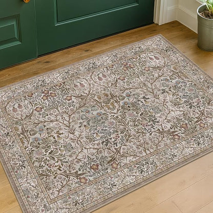 Moss Green Washable 2x3 Entry Rug - Front Door Rugs Indoor, Vintage Floral Style Small Rug for Kitchen, Bathroom, Non-Slip Boho Vintage Dark Taupe Entryway Décor