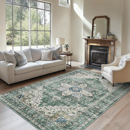 AMADA HOMEFURNISHING 6x9 Area Rug, Washable Low-Profile Large Area Rug with Non-Slip Backing & Durable Edge Binding, Vintage Large Rugs for Living Room, Bedroom