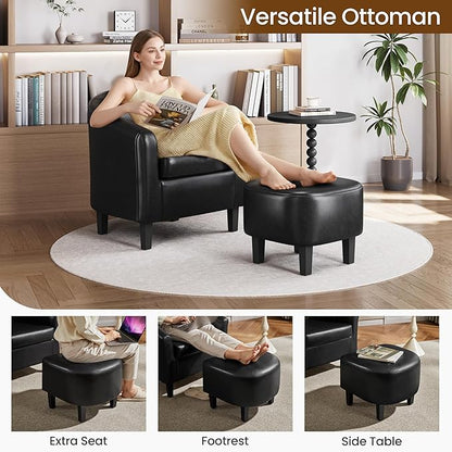 Yaheetech Accent Chair with Ottoman Set, Modern Faux Leather Upholstered Soft Barrel Chair and Footrest, Club Armchair and Footstool for Living Room/Bedroom/Reading Room/Guest Room, Black