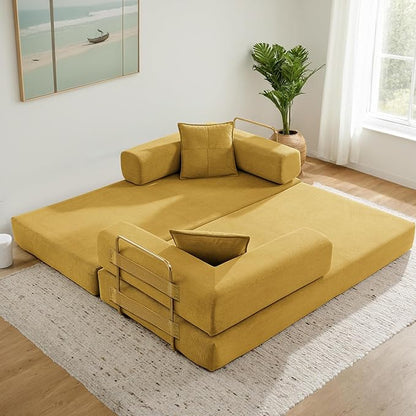 Convertible Couch Sofa Bed Foldable Floor Sleeper | Modern Fold Out Deep Seat Couch | Removable Backrest & Armrests | No Assembly Compression Sofa Sleeper for Living Room, Bedroom, Corduroy Yellow