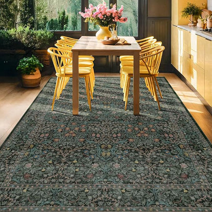 Dining Room Rugs for Under Table - 7x9 Washable Dark Green Oriental Area Rug for Living Room, Non-Slip Floor Carpet for Bedroom Under Bed - Vintage Design & Stain Resistance