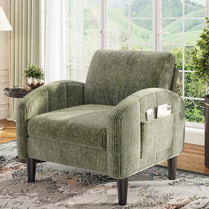 Accent Chair for Living Room,Mid Century Modern Reading Chair for Bedroom,Comfy Armchair with 2 Side Pockets,Upholstered Single Sofa Side Chair for Apartment,Waiting Room,Green