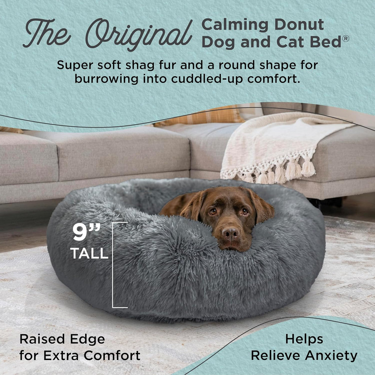 Best Friends by Sheri Original Calming Donut Dog and Cat Bed, Shag Faux Fur, Gray, (36in x 36in) - Anxiety Relief for Pets Up to 100 lbs