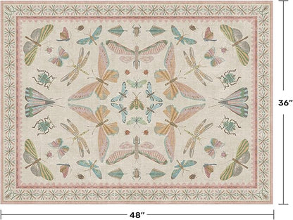 Flower Area Rug for Girls Bedroom - Washable 3x4 Light Pink Large Entryway Rug for Laundry Room, Kitchen, Bedroom, Dorm, Insect Print Vintage Floral Non-Slip Throw Rug Low Pile Stain Resistance