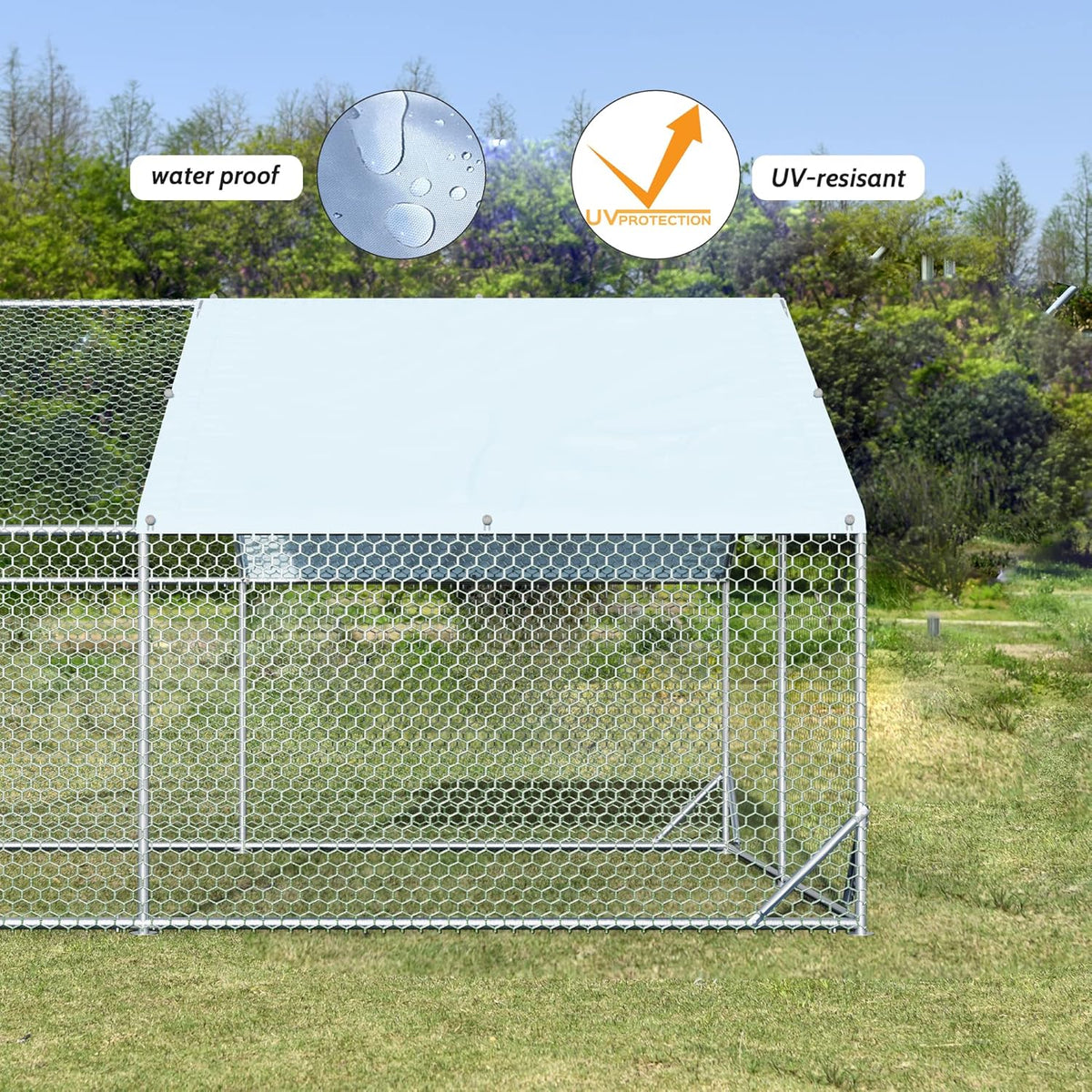 Large Metal Chicken Coop with Run Walk-in Poultry Cage Chicken Runs House Pen Cage Spire Roofed Chicken Coops with Anti-Ultraviolet Cover for Outdoor Yard Farm Use 9.8’L x 19.7’W x 6.4’H