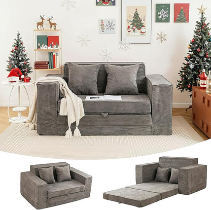 HOMREST 63" Convertible Memory Foam Loveseat Sofa, Pull Out Sleeper Sofa Bed, 2 in 1 Folding Couch Bed, Fold Out Floor Couch Corduroy Fabric with 2 Pillows for Living Room Bedroom Lounge (Grey)
