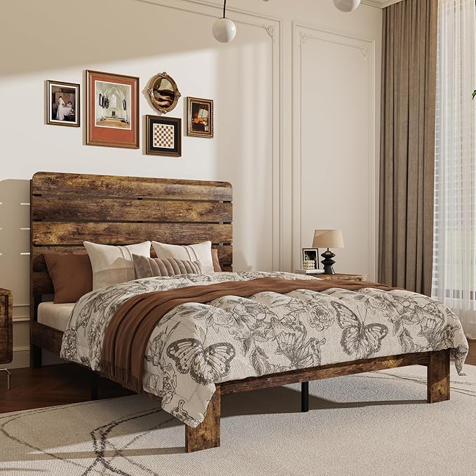 Queen Size Wooden Bed Frame with Headboard, Rustic Farmhouse Platform Bedframe with Wood Slat Support, Sturdy and No Noise, Easy Assembly (Brown, Queen)