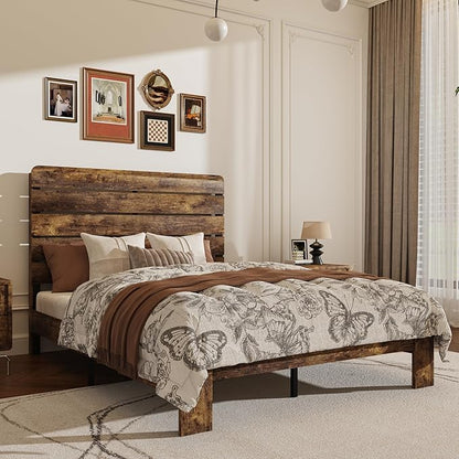 Queen Size Wooden Bed Frame with Headboard, Rustic Farmhouse Platform Bedframe with Wood Slat Support, Sturdy and No Noise, Easy Assembly (Brown, Queen)