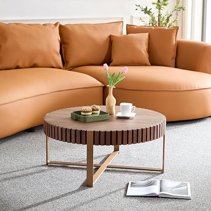 31.49'' Walnut Round Coffee Table for Apartment, Modern Living Room Coffee Table with Sturdy Pedestal Base (Walnut, 31.5)