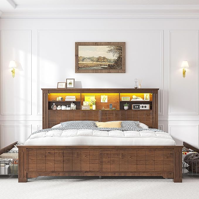 EnHomee Queen Bed Frame with Headboard and Storage,4 Drawers and LED Built in Charging Station Bed Frame Queen Size with Storage Farmhouse, NO Noise,No Box Spring Needed,Brown