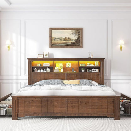 EnHomee Queen Bed Frame with Headboard and Storage,4 Drawers and LED Built in Charging Station Bed Frame Queen Size with Storage Farmhouse, NO Noise,No Box Spring Needed,Brown