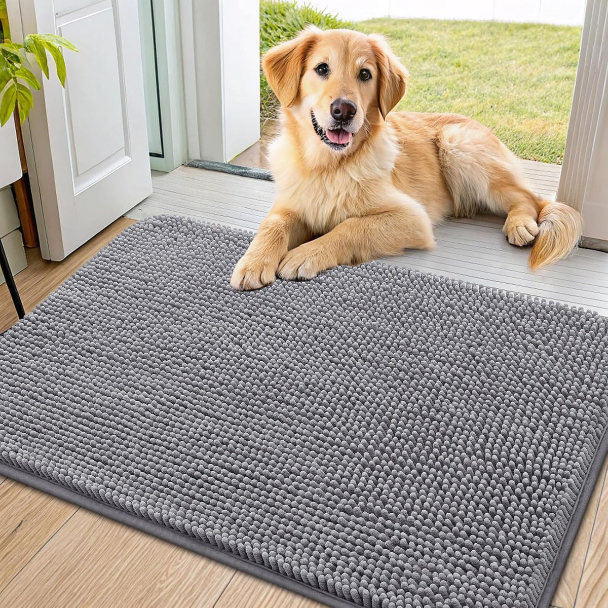 Smiry Dog Door Mat for Muddy Paws 36x24, Absorbs Moisture and Dirt Doormat, Non-Slip Washable Quick Dry Chenille Front Door Mat Indoor Entrance, Entryway Carpet for Inside Floor, Grey