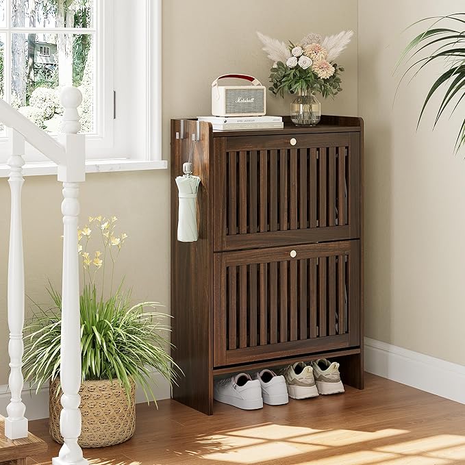 wanan 24" Shoe Cabinet with 2 Flip Slatted Drawers, Adjustable & Removable