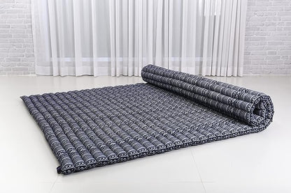 Leewadee - Foldable Floor Mattress - Japanese Roll Up Futon -Trifold Tatami Mat- Guest Floor Bed - Camping Mattress - Thai Massage Mat, Kapok Filled, 75 x 57 inches, Blue White