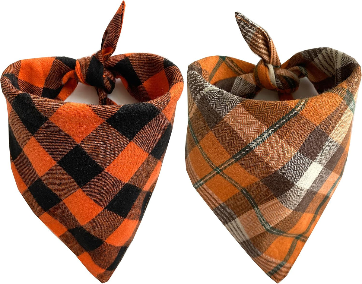 Realeaf Fall Halloween Dog Bandanas 2 Pack, Orange Plaid Pet Scarf for Boy and Girl, Premium Durable Fabric, Holiday Thanksgiving Bandana for Large and Extra Large Dogs (X-Large)
