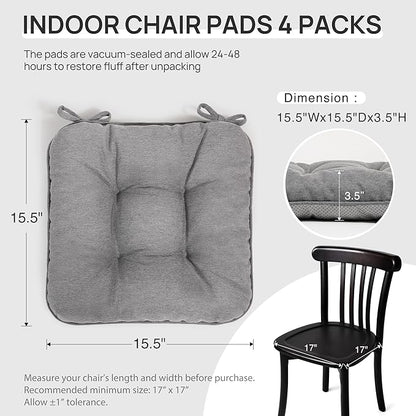 Love's cabin Memory Foam Chair Cushions Set of 4, Outdoor/Indoor Chair Pads for Dining Chairs 4 Pack, Seat Cushions for Kitchen, Dining Room, Office, Patio Chairs, 15.5"x15.5"x3.5" Grey
